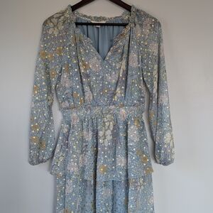 Lauren Conrad Blue Floral Gold Foil Tiered Mini Dress XS NWOT